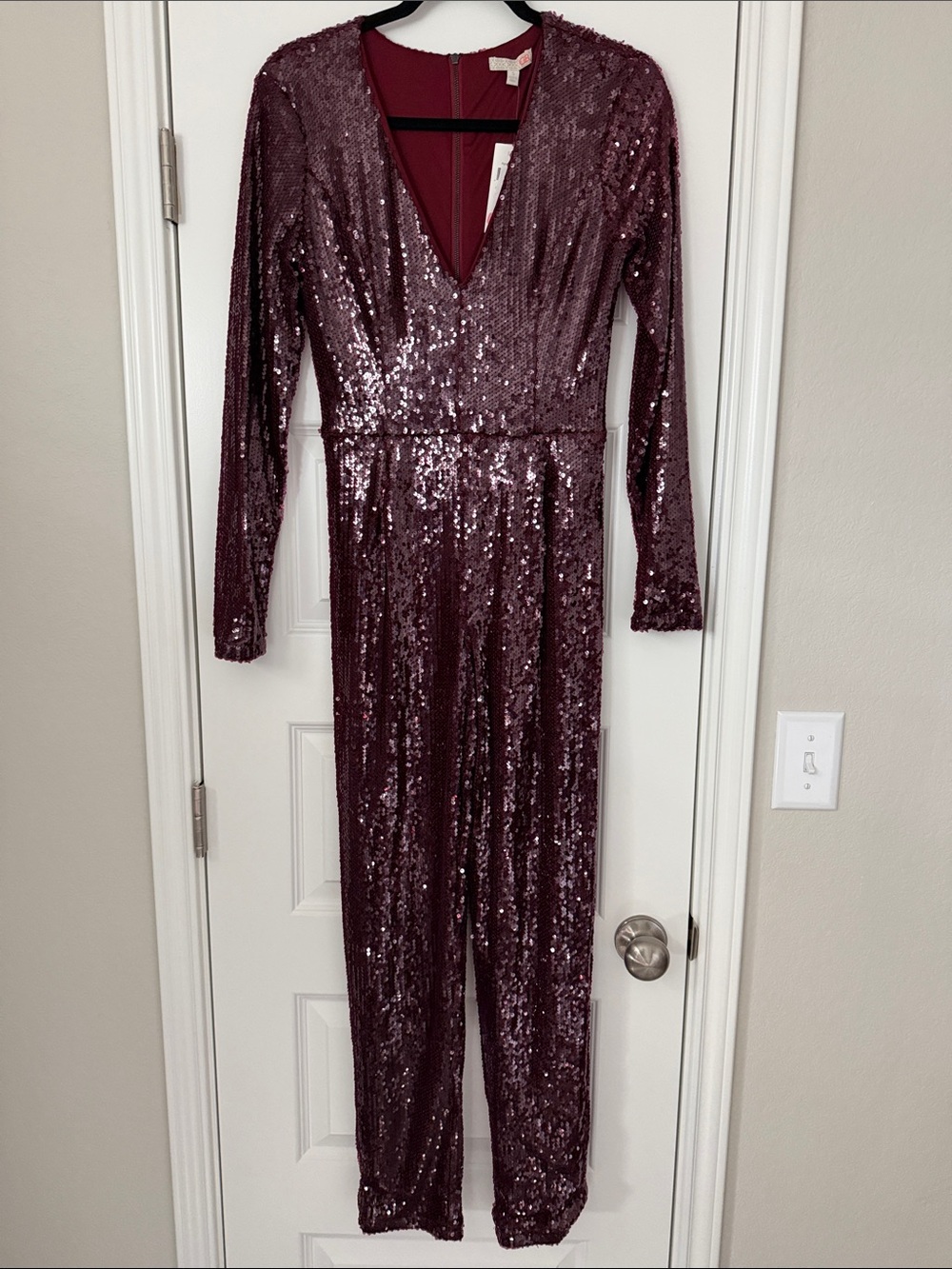 Gianni Bini Burgundy Sequin Long-Sleeve Jumpsuit